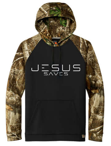Jesus Saves Electric White Letters Russell Outdoors Camo Hoodie