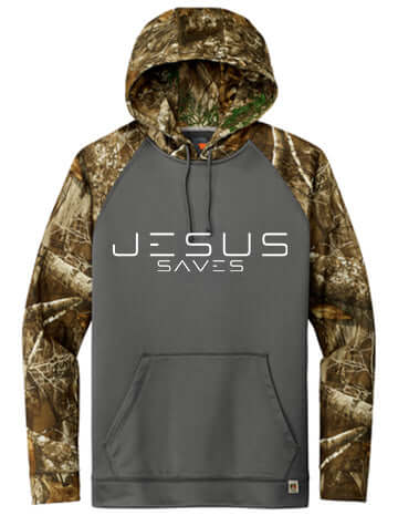 Jesus Saves Electric White Letters Russell Outdoors Camo Hoodie