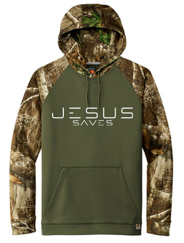 Jesus Saves Electric White Letters Russell Outdoors Camo Hoodie